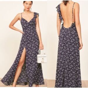 Reformation Trista Maxi Blue White Dress Open Back Floral Size XL